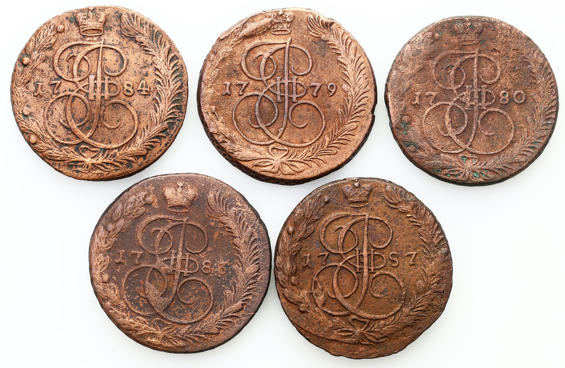 Rosja. Katarzyna II. 5 kopiejek 1779-1787, zestaw 5 monet